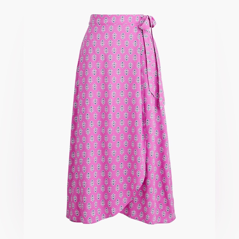 J. Crew Printed faux-wrap pull on skirt in Festive Pink Baltic Blu
